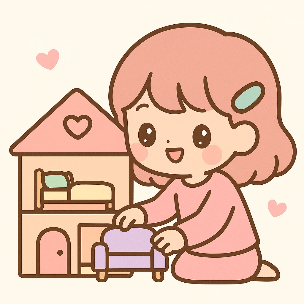 smiling girl arranging furniture in doll house emoji
