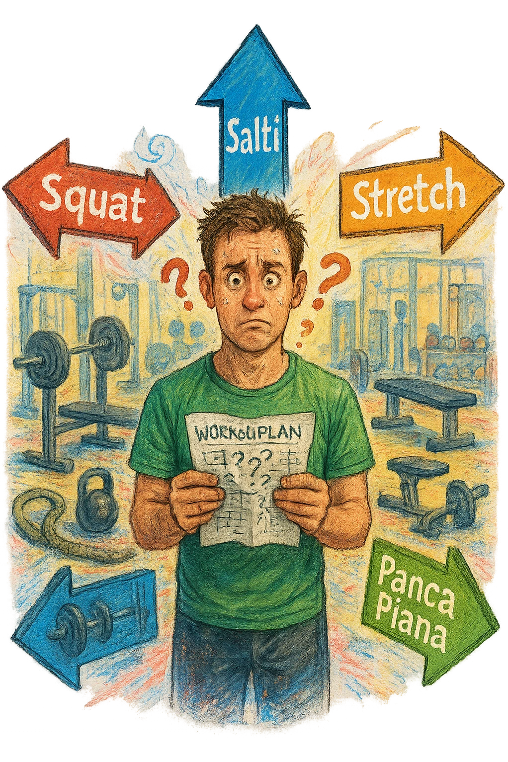 a person stands in the center of a gym, surrounded by arrows pointing in all directions, each labeled with a different exercise (e.g., “squat,” “Salti,” “stretch,” “Panca Piana”). The person looks bewildered, holding a workout plan with scribbles and question marks. The scene is colorful but visually messy, symbolizing confusion. in italiano immagine iperrealistica emoji
