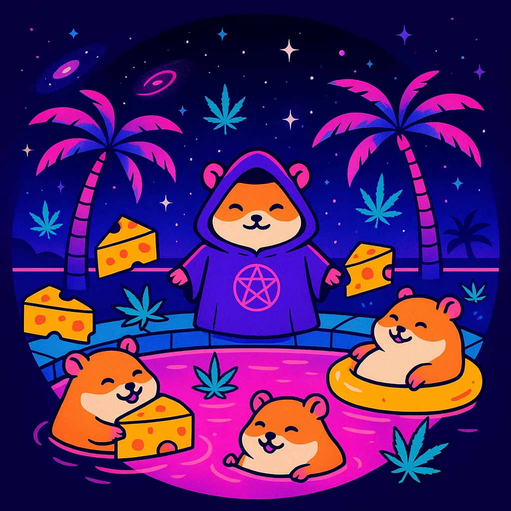 circular Discord server icon, centered composition of a hamster cult weed and cheese pool party at night, vaporwave 80s aesthetic, neon pinks and blues, palm trees, cosmic vibes emoji