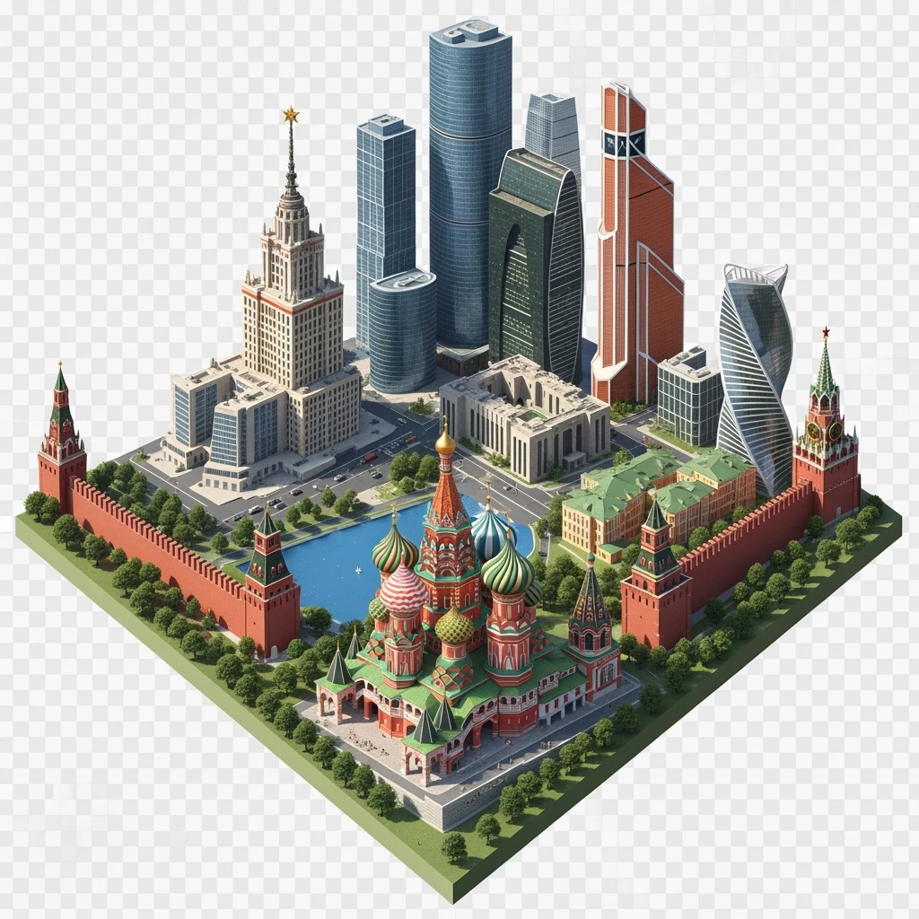 Изометрическая фотореалистичная иллюстрация-модель Москвы с Кремлем с Храмом Василия Блаженного, МГУ и Сити, баланс между стилизацией и реализмом, эффект миниатюры, прозрачный фон emoji