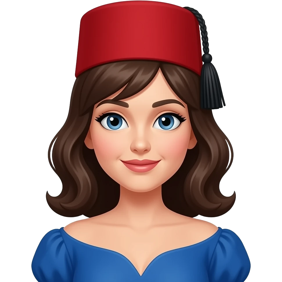 woman in blue outfit wearing classic red fez hat with black tassel, bust size emoji