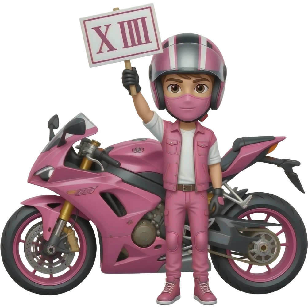 sexy boy with a motorcycle helmet in pink clothes and a pink motorcycle wearing a pink mask holding a ROMAN sign emoji