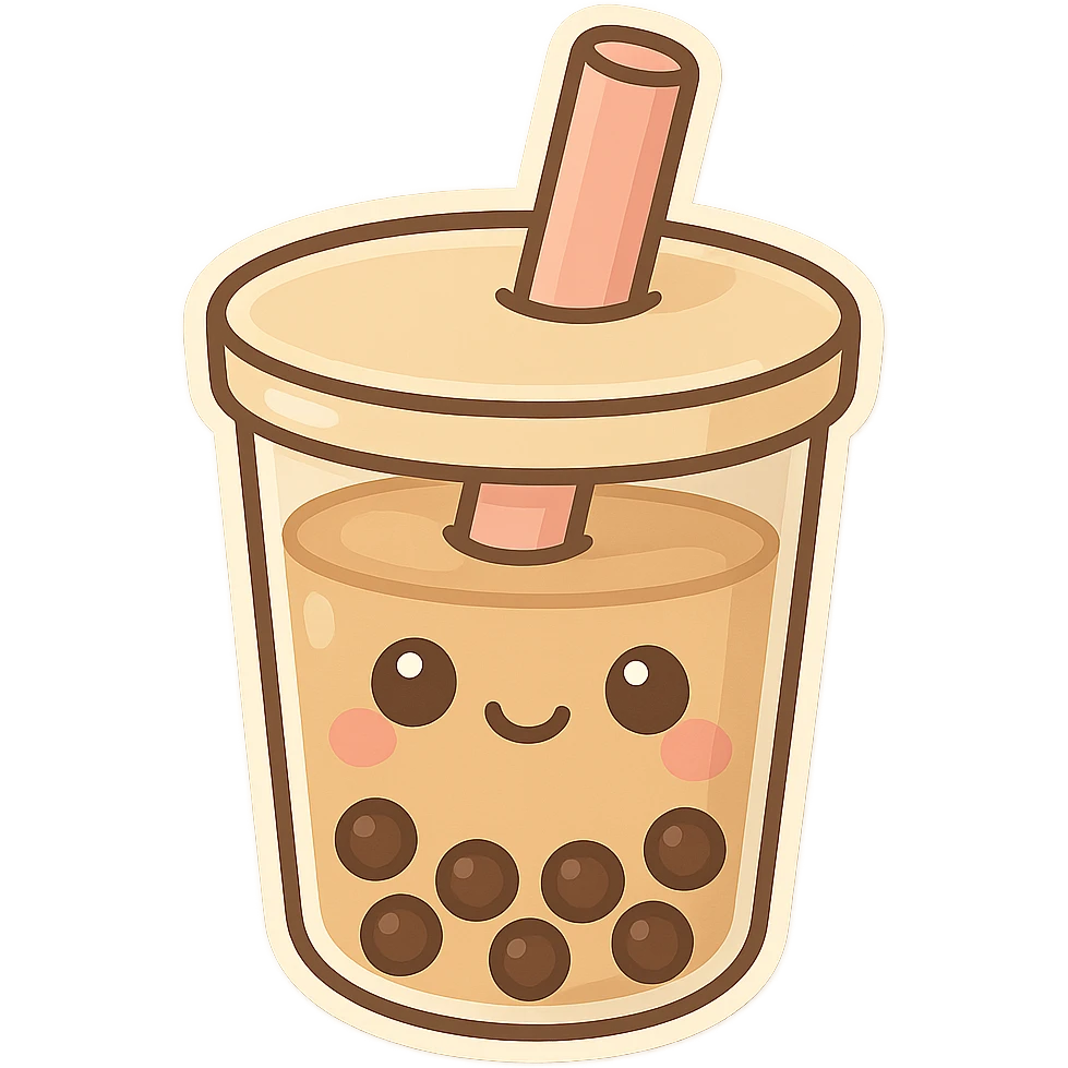 chibi sticker-style bubble tea with a smiling face, cute and exaggerated emoji