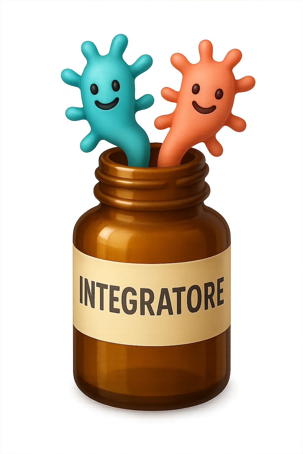 EMOJI STILE IPHONE DI boccetta di integratore con la scritta "INTEGRATORE" SULL'ETICHETTA, con batteri intestinali turchesi e rosa salmone che escono, IPERREALISTICO 4K emoji