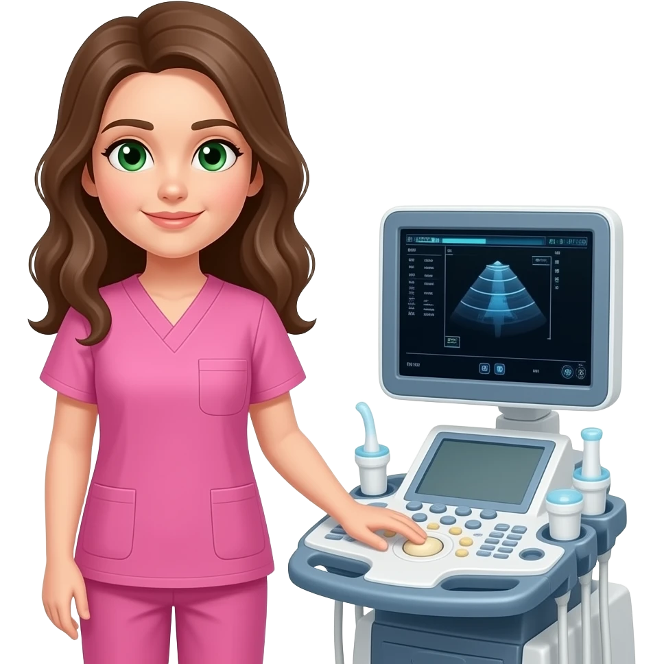 A sonographer with pink scrubs brown long hair, green eyes, light skin standing next to an ultrasound machine emoji