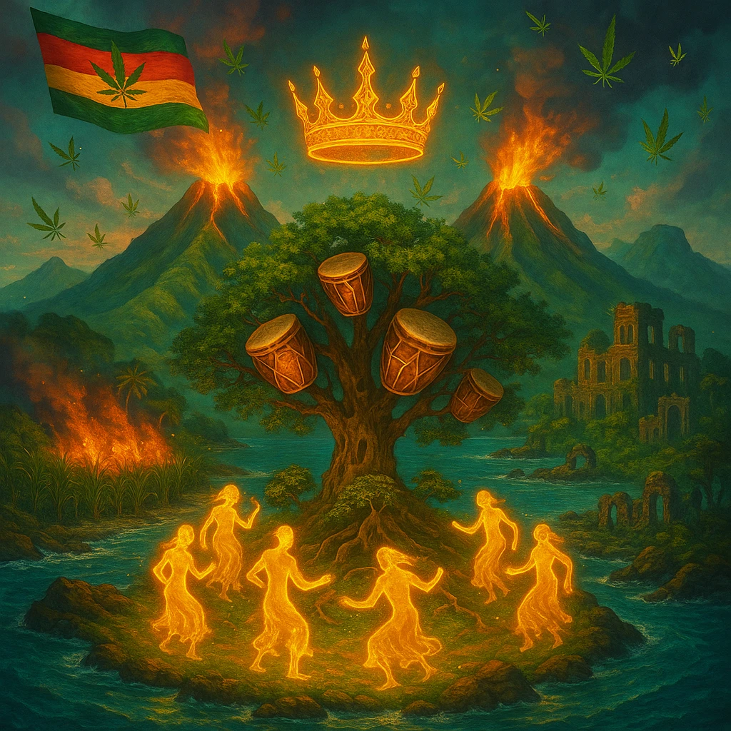 “Depict a mystical reimagining of Guadeloupe, a sacred French Caribbean island renamed Gwadaloo in spiritual rhythm. The landscape blends lush green mountains, twin volcanoes erupting golden light, and deep turquoise sea. In the center stands a legendary Drum Tree — its branches grow carved wooden drums instead of fruit, and glowing ancestral spirits dance around it in a circle of rhythm. Sugarcane fields burn gently in the background, symbolizing the release of colonial pain, while ganja leaves drift in the wind like blessings. Overhead, a sacred ganja-leaf flag flutters in the sky with red, green, and gold colors. A Creole crown floats in golden light above the island, not on any man’s head, but pulsing to the beat of the land. In the distance, ghostly ruins of colonial buildings crumble into dust, reclaimed by vines and time. Use a vibrant, cinematic color palette with warm golden light, deep greens, glowing reds, and ocean blues. Style the scene as prophetic, surreal, and empowering — a vision of Caribbean sovereignty, rhythm, and soul remembrance." emoji