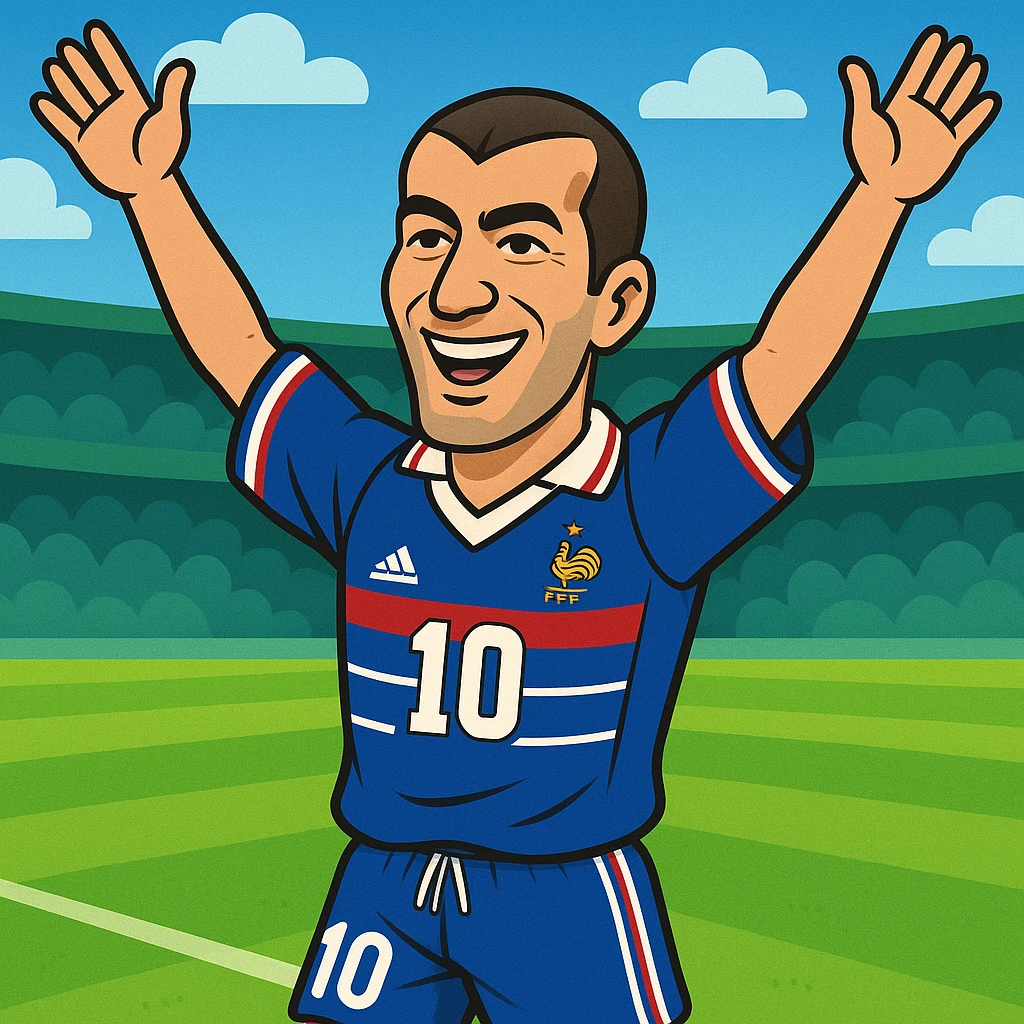 Zinedine Zidane, 1998, cartoon style, blue France kit, number 10, celebrating with arms raised, smiling, football field background emoji