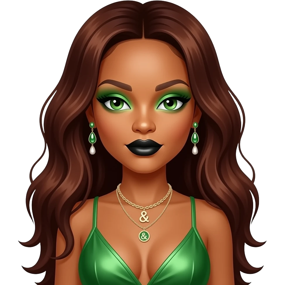 Rihanna with hazel-green eyes, long dark auburn hair, green eyeshadow, black lipstick, green r&b idol outfit, necklace and earrings emoji