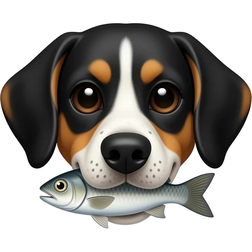 Black beagle face black ears freckled nose fish in mouth emoji