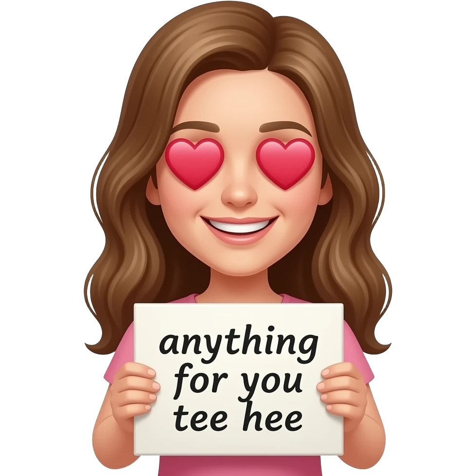 Yellow smiley in love holding up a sign sign that says "anything for you tee hee" emoji