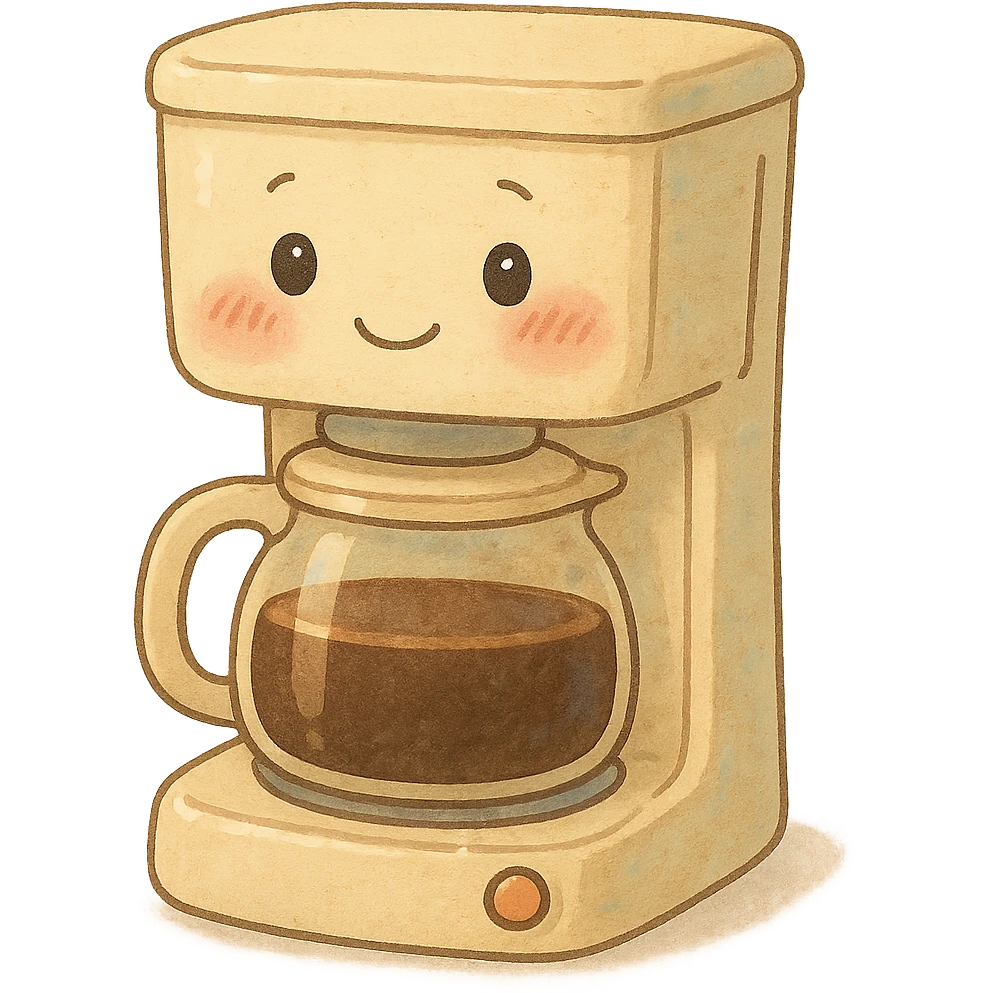 kawaii coffee machine, full body, blushing cheeks, soft pastel colors emoji