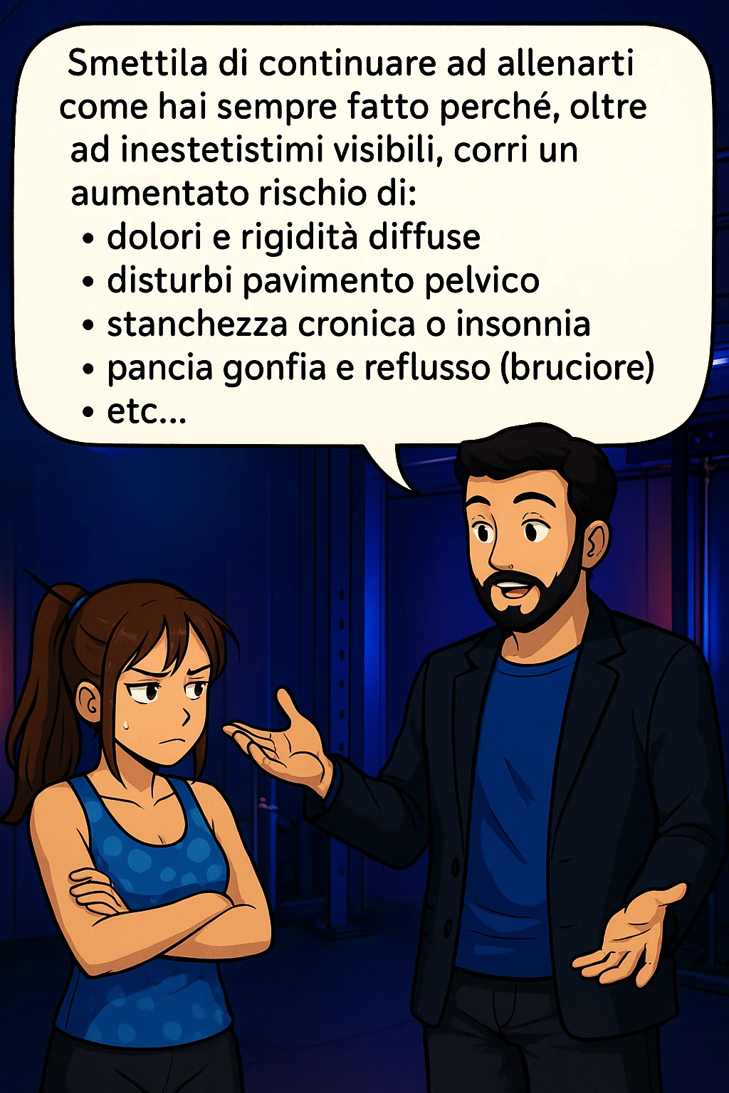 TRASFORMA QUESTO CAROSELLO IN UN FUMETTO STILE MANGA A COLORI CON QUESTE DUE PERSONE IDENTICHE CHE INTERLOQUISCONO TRA LORO, LA DONNA HA UN ESPRESSIONE PENSIEROSA MENTRE LO ASCOLTA:

LUI (UOMO): Smettila di continuare ad allenarti come hai sempre fatto perché, oltre ad inestetismi visibili, corri un aumentato rischio di:
    • dolori e rigidità diffuse
    • disturbi pavimento pelvico
    • stanchezza cronica o insonnia
    • pancia gonfia e reflusso (bruciore)
    • etc…

 emoji