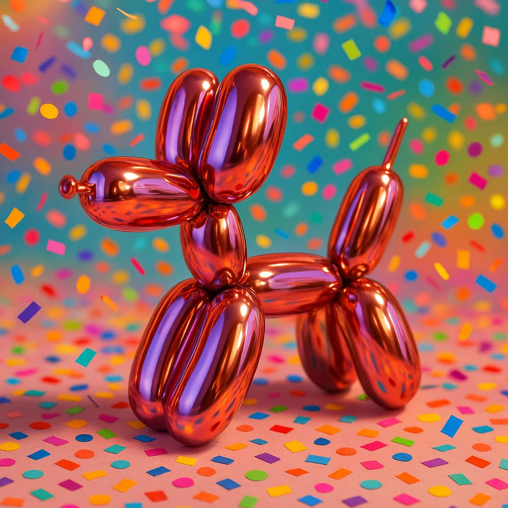 shiny balloon dog, metallic finish, festive, confetti background emoji