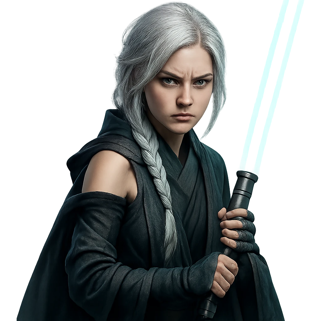  a closeup portrait of young woman with gold yellow eyes, white hair, long braid, black off-shoulder top, punk gothic style, futuristic cyberwave cyberpunk,  jedi attire and posture robes of a padawan, foreweilding a bright blue-green lightsaber, angry fierce face expression, power stance, 30-90 emoji