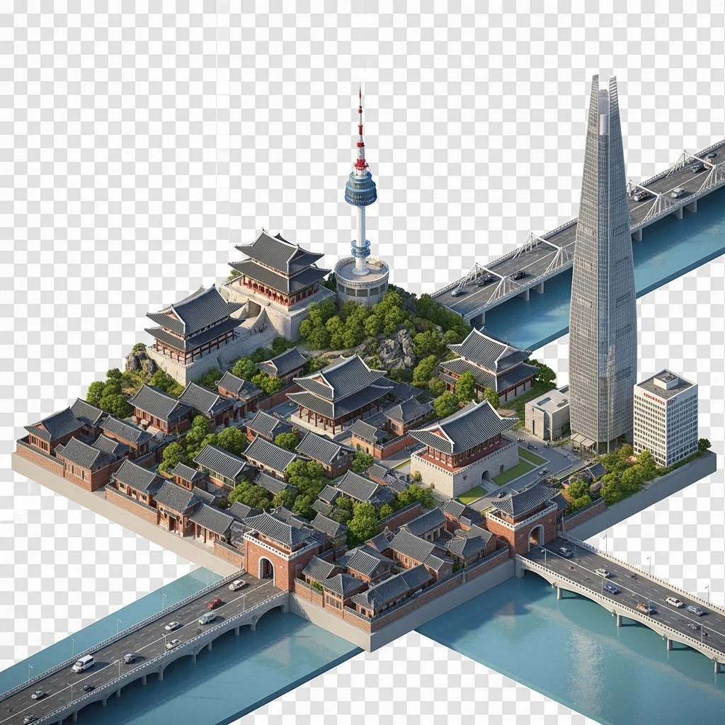 Isometric diorama of Seoul typical houses, Namsan Seoul Tower, Gyeongbokgung Palace, Lotte World Tower, Dongdaemun Design Plaza, and Han River bridges, 3D miniature effect and Tilt Shift effect, no cartoonish look, transparent background. emoji