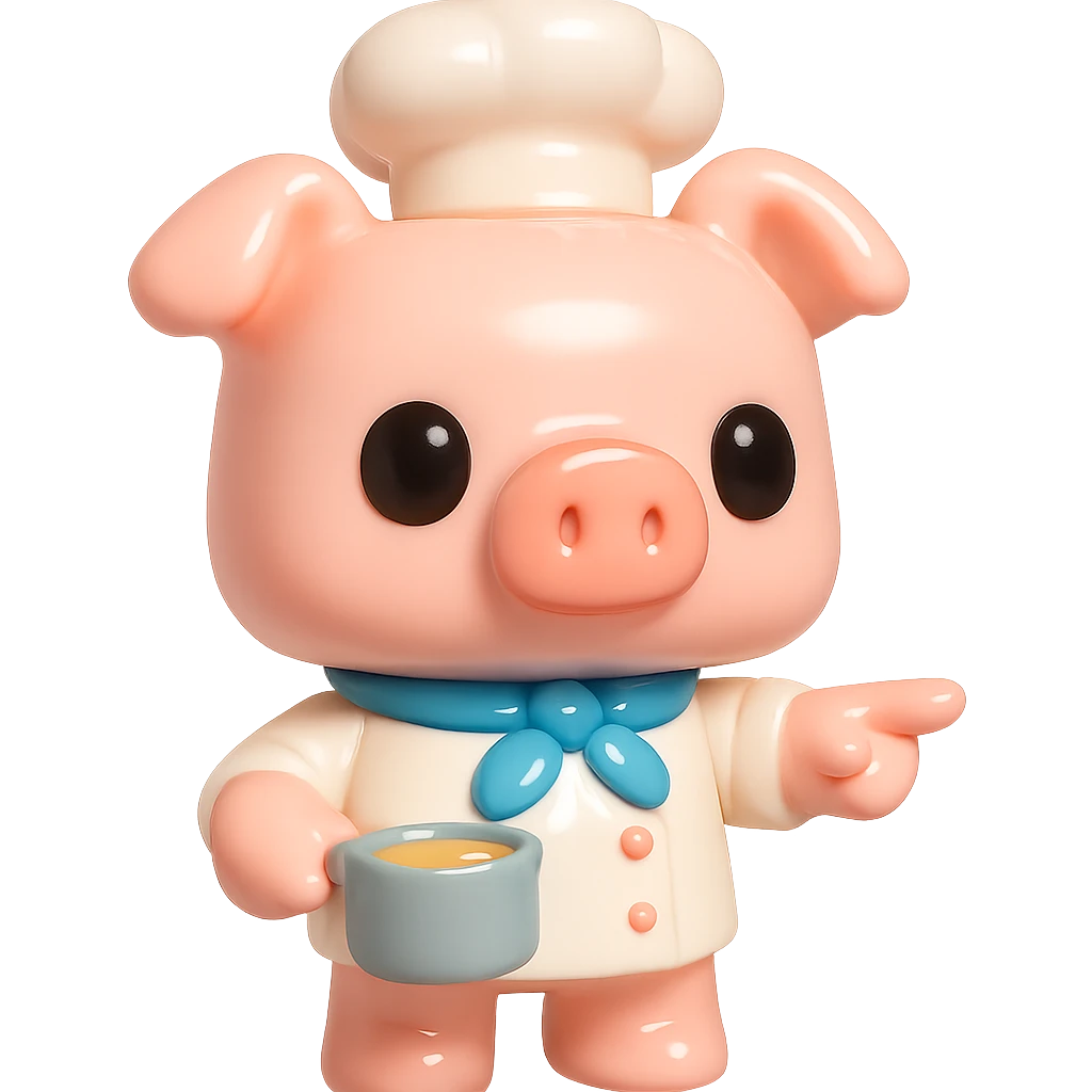 A Funko Pop-style pig chef pointing to the right, wearing a blue scarf and holding a cooking pot, cartoonish and cute. emoji