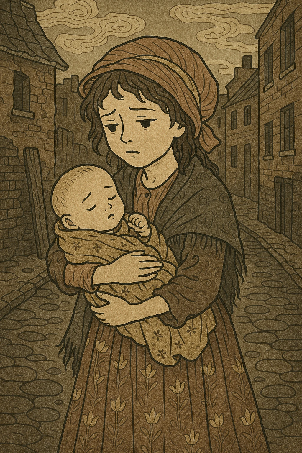 A poor victorian girl from the slums holding her baby brother emoji