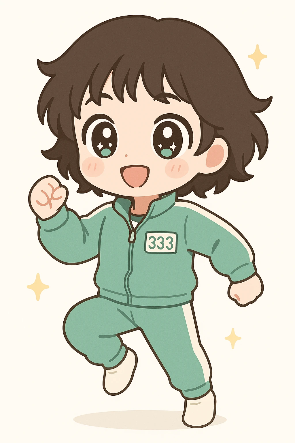 Hyun Ju character from Squid Game 3, anime style, expressive eyes, green tracksuit, dynamic pose emoji