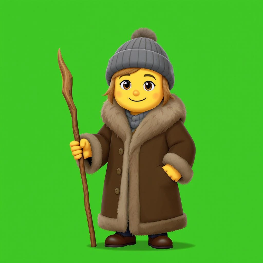 An animated emoji of a person wearing a hat and fur coat, holding a wand, with a green background emoji