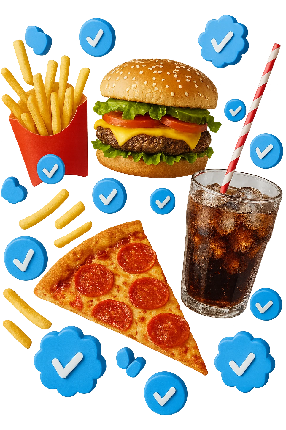 fast food realistico fluttua in aria insieme a spunte di verificato in 3d emoji
