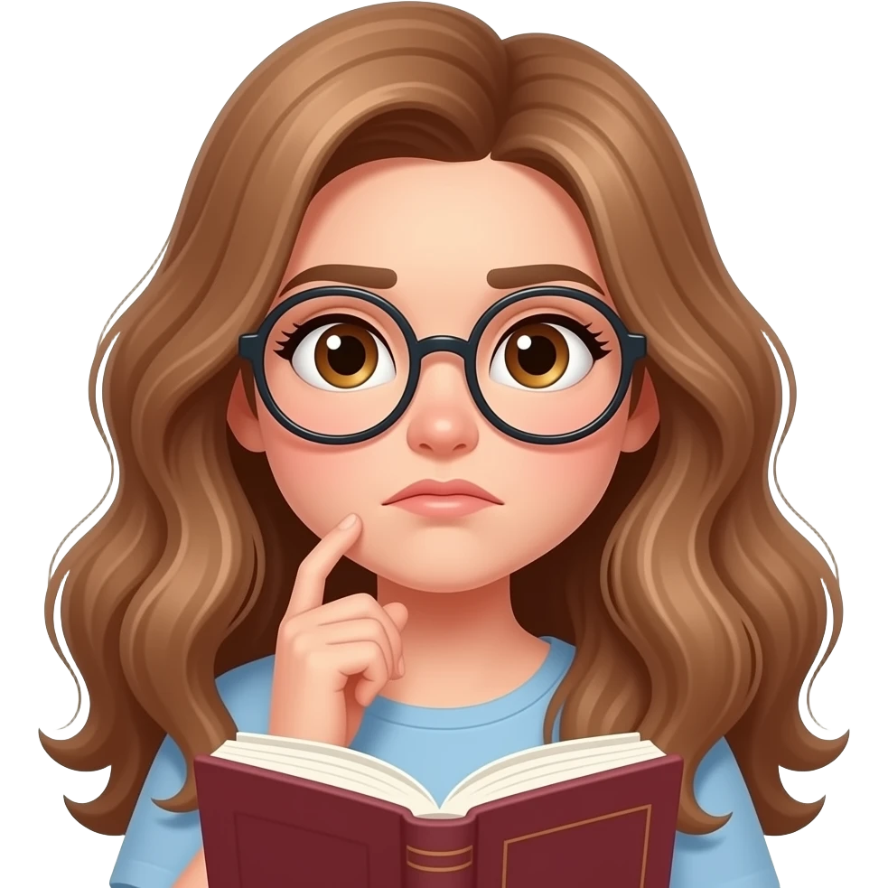 detailed emoji illustration of a curvy woman with long light brown wavy hair, light brown eyes and round glasses thinking while holding a book, confused or thoughtful expression, writer block vibe, cute emoji style emoji