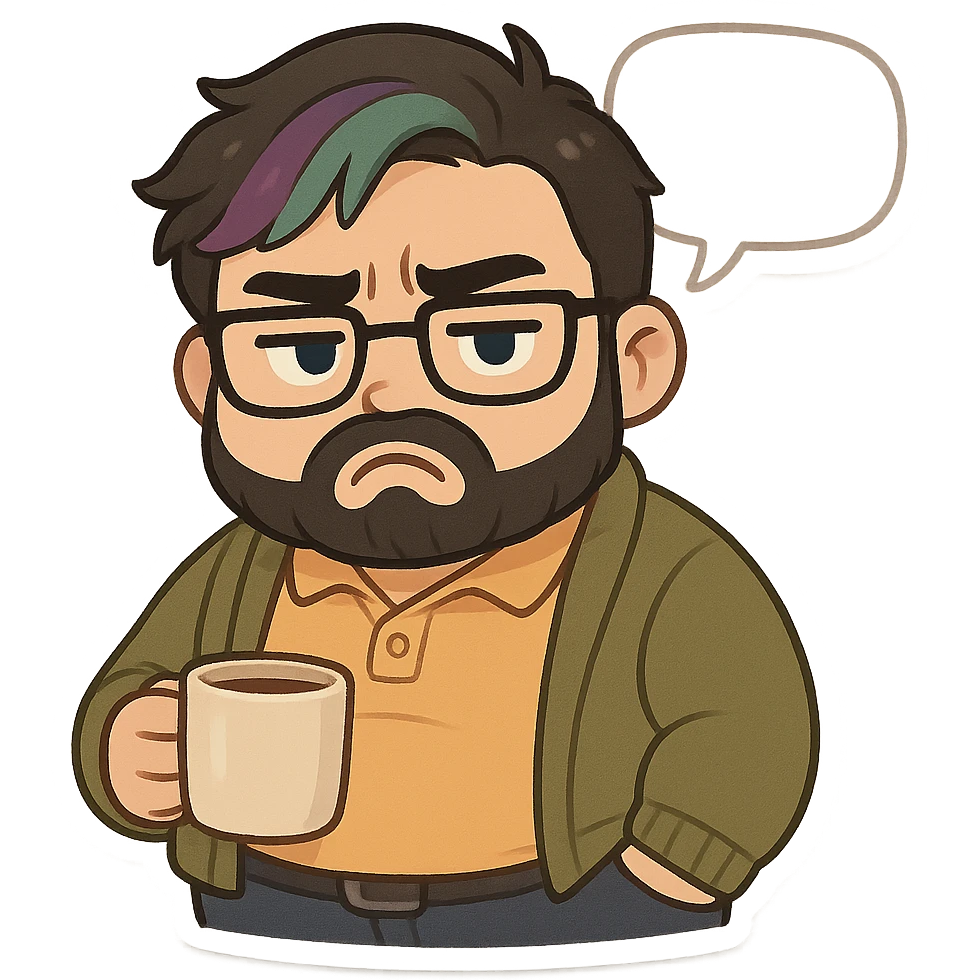 A realism art illustration art style of handsome plus-size man with black hair and a purple to green ombre streak, black beard, blue eye, glasses, dressed like a dad, holding a coffee mug, blank speech bubble, frowning  emoji