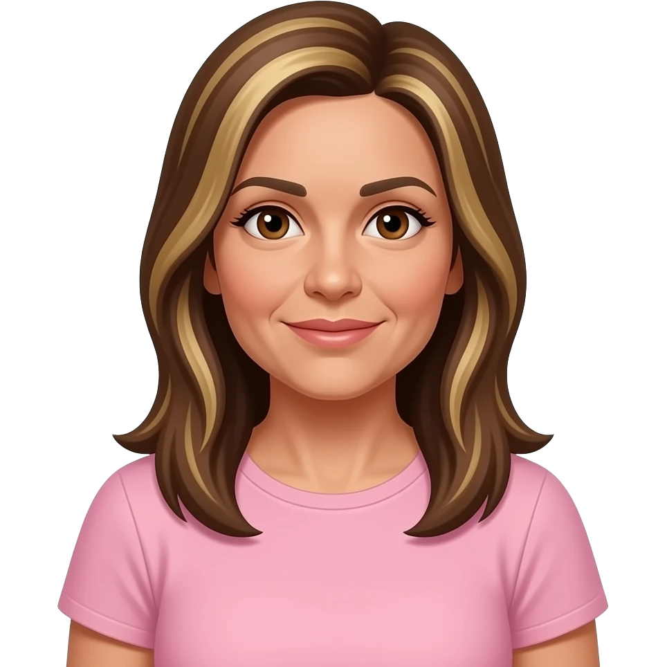 LI - woman, brown eyes, early 50s, brown long straight hair with blonde highlights, light pink t-shirt and tanned skin emoji