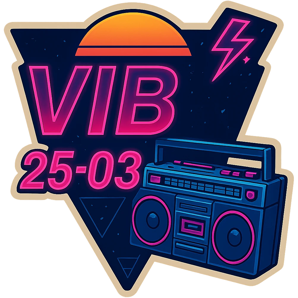 Remove the Rubik's cube and focus on a large cassette player boombox as the main retro element for the VIBE25-03 logo. Maintain the neon synthwave style and vibrant colors with no background, transparent background. emoji