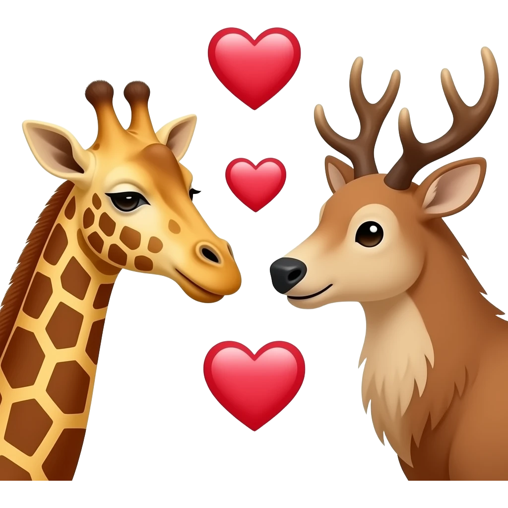 Einfacher Giraffenkopf und Elchkopf schauen sich an mit vielen Herzchen emoji