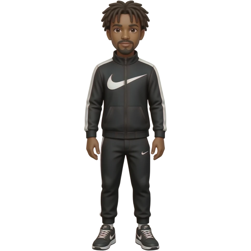A tall black teenager boy with dreads and mustache whole body with black and white Nike tech clothes and Nike shoes emoji