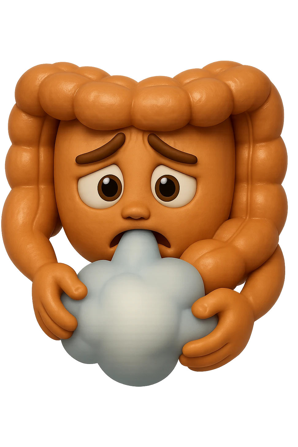 emoji stile iphone di un intestino che ingoia una nuvoletta di aria ben visibile e gli si gonfia la pancia, iperrealistico 4k emoji