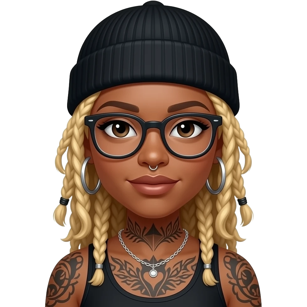 Black girl with blonde locs, hoop earrings, nose piercing, tattoos and black fitted hat and glasses emoji