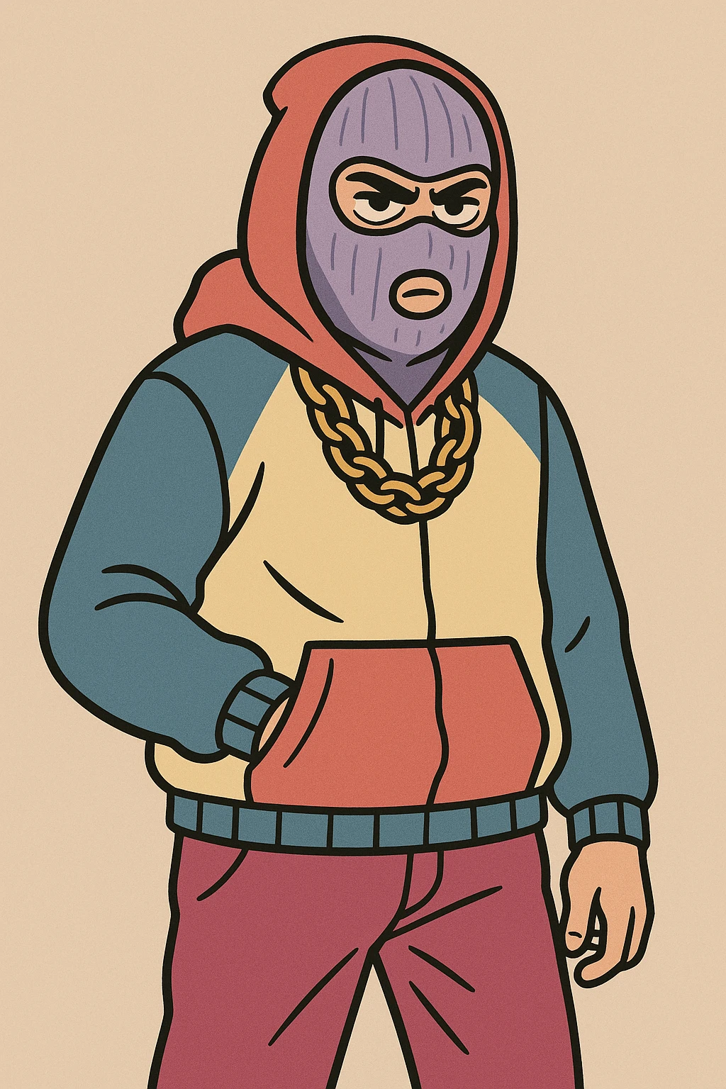 thug wearing a shiesty mask, urban street style, bold and vibrant colors, streetwear fashion emoji