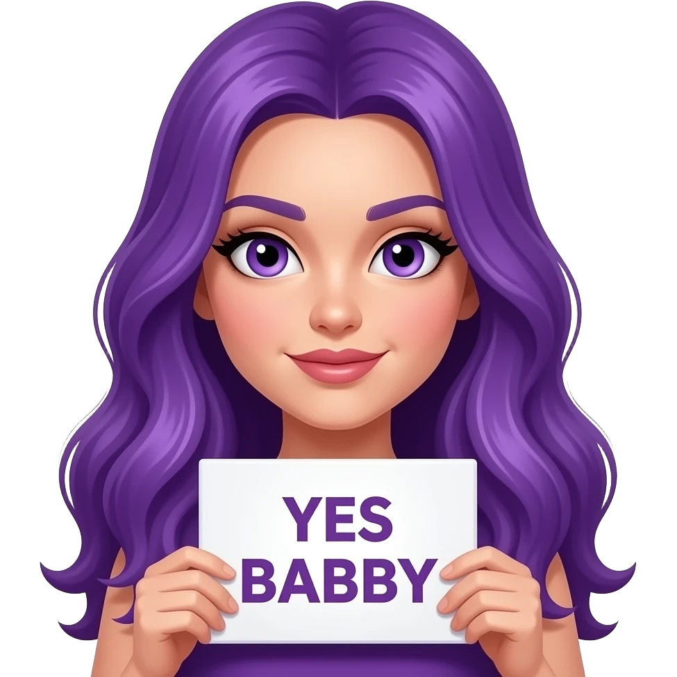 sexy girl with long purple hair and purple eyes holding a YES BABY sign emoji