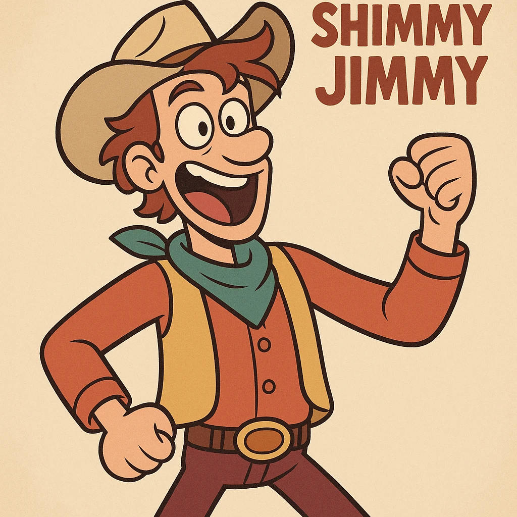 Shimmy Jimmy, Blended movie, energetic expression, colorful attire, animated cartoon style emoji