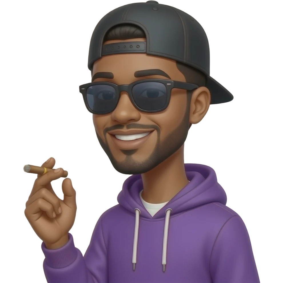 tall skinny guy with black basecap, purple hoodie, sunglasses is smoking  an jamaicaroll  and smiles emoji