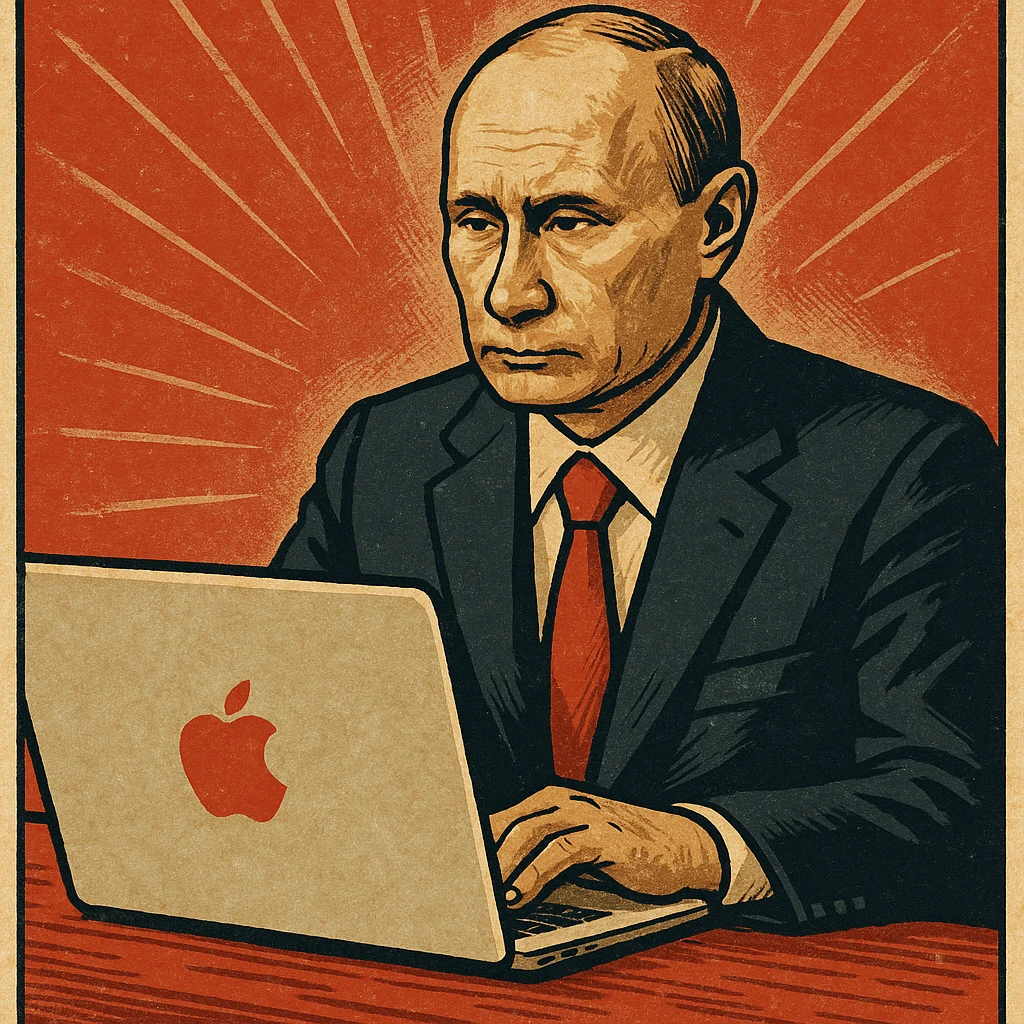 Vladimir Putin working on a MacBook in a vintage propaganda poster style emoji