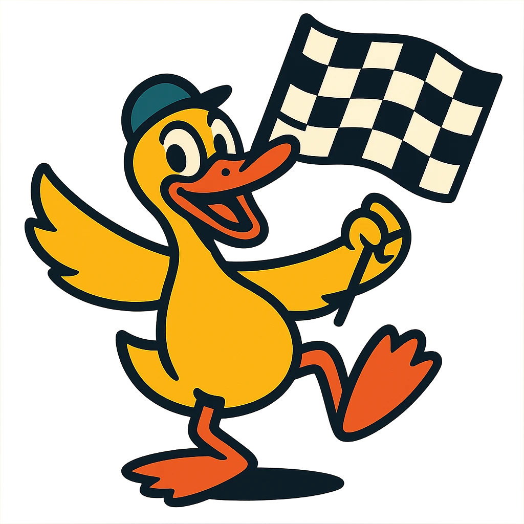 vibrant toon style dancing duck with a race flag emoji