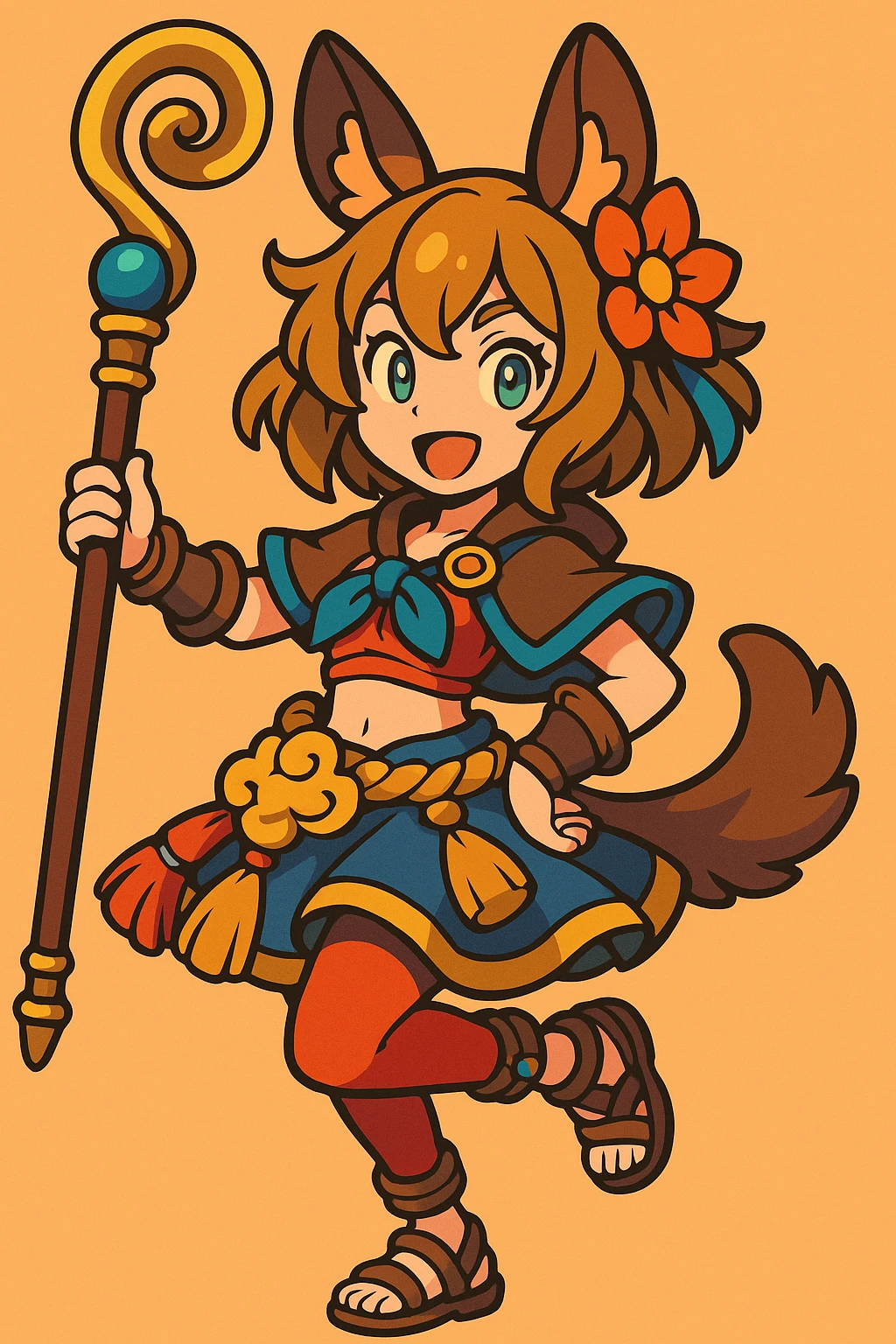 Andira from Granblue Fantasy, 3D toon style, holding staff, playful pose, animal ears, bright colors, detailed accessories emoji