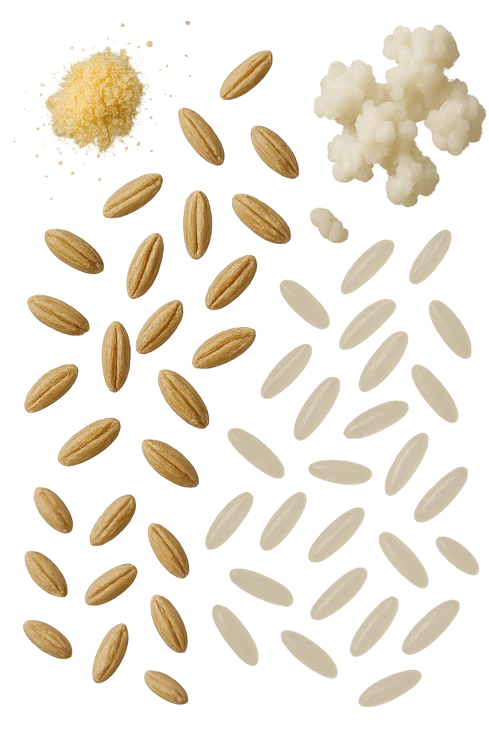 MAIS, FARRO, RISO, KEFIR FLUTTUANO IN ARIA, IPERREALISTICO 4K emoji