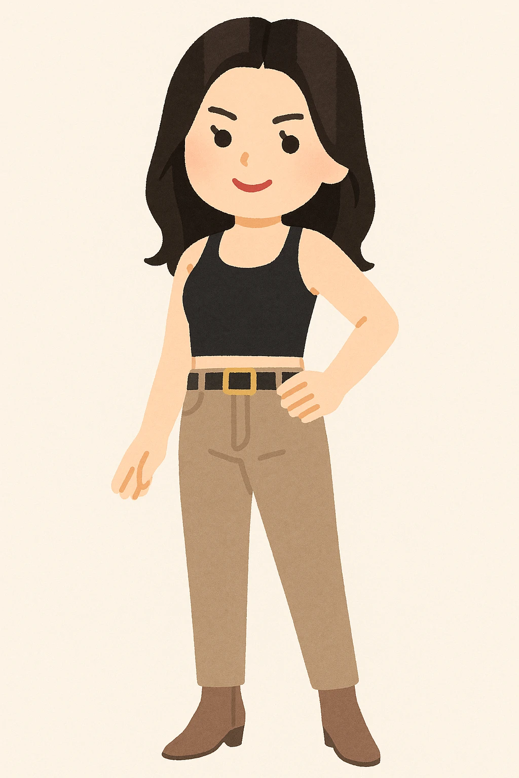 Kendall Jenner in Irasutoya style, posing confidently, trendy attire, cute cartoon proportions, soft color palette, plain background emoji