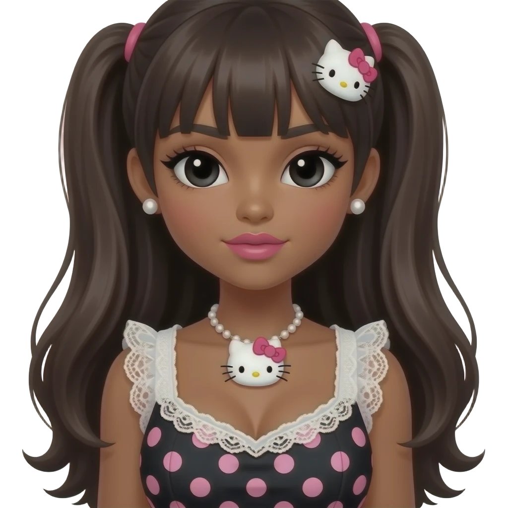black girl, black eyebrows, pearl earring studs, black girl, pink lips, my melody hairclip, dark brown skin, Doll faced shaped, hello kitty necklace, bimbo, black doll eyes, Big lips, long dark brown hair, with white or black lace baby pink polka dots with gyaru sleeveless shirt, with big breast emoji