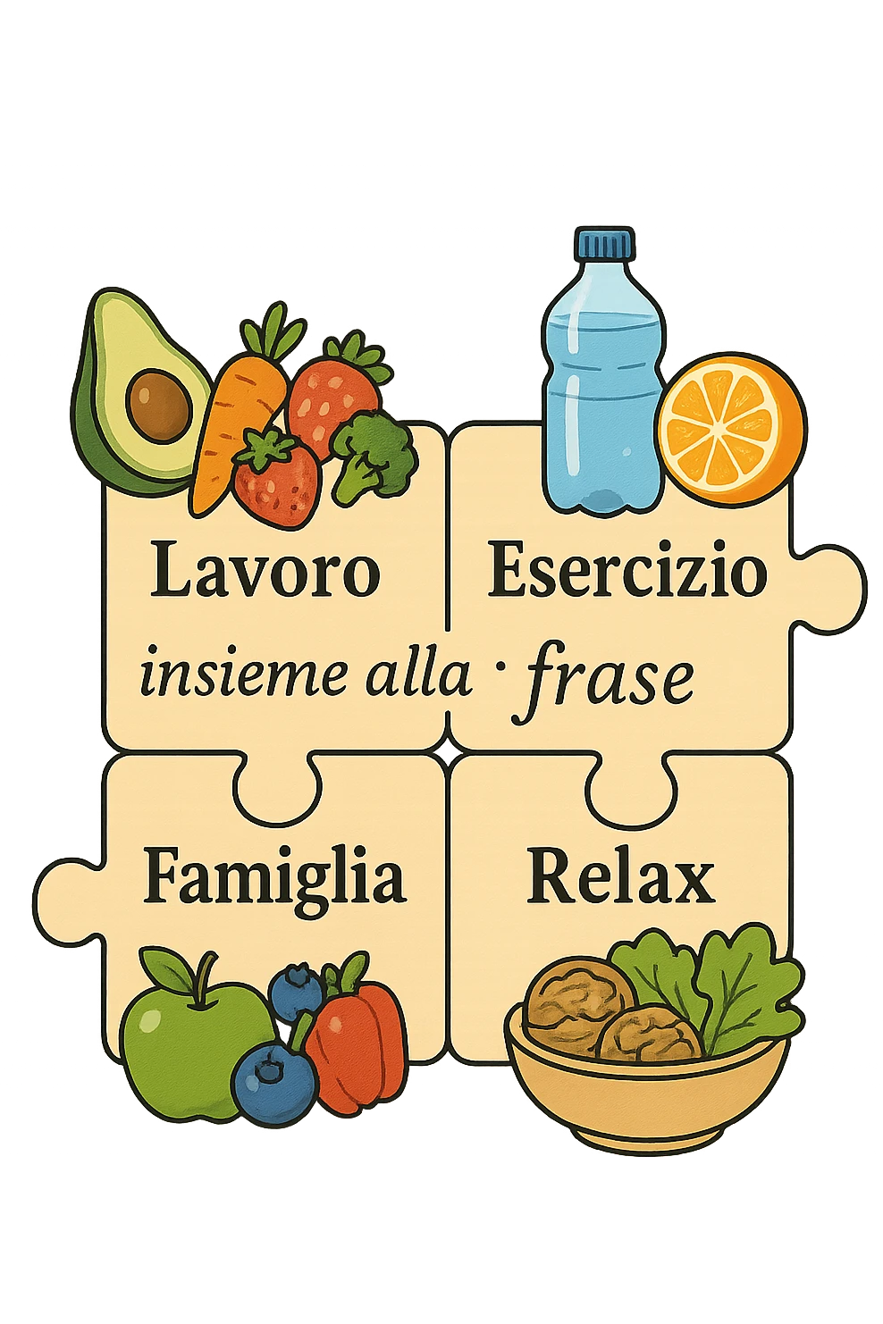 Puzzle (Lavoro, Esercizio, Famiglia, Relax), and healthy foods insieme alla frase specifica are integrated into each piece. in italiano emoji