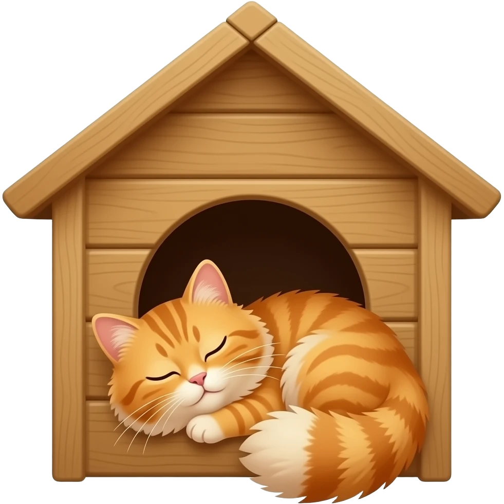 A fluffy long-hair orange tabby cat is peacefully dozing inside a small wooden outdoor cat house, with just its head poking out of the entry hole, eyes closed in contentment. emoji