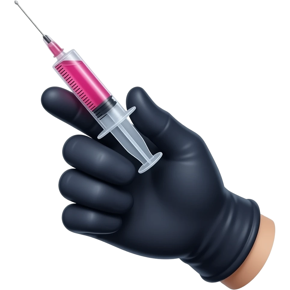 A gloved dainty male hand holding a syringe with glowing neon-red liquid inside. The glove is black but is dark-blue on the palm Side emoji