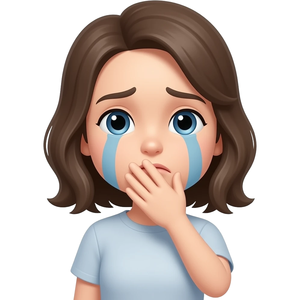 Circle emoji with sad eyes and mouth covered with hand emoji