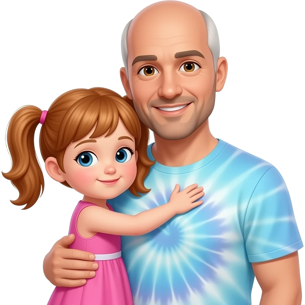 Auburn haired girl child with twin ponytails wearing an all pink dress hugging a partially balding adult father with side white fringe wearing a light blue tye dye t-shirt emoji