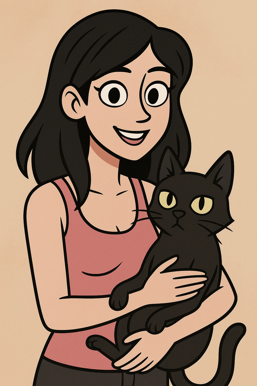 pretty woman with black hair and brown eyes, wearing a pink tank top, holding a black cat, soft cartoon style emoji