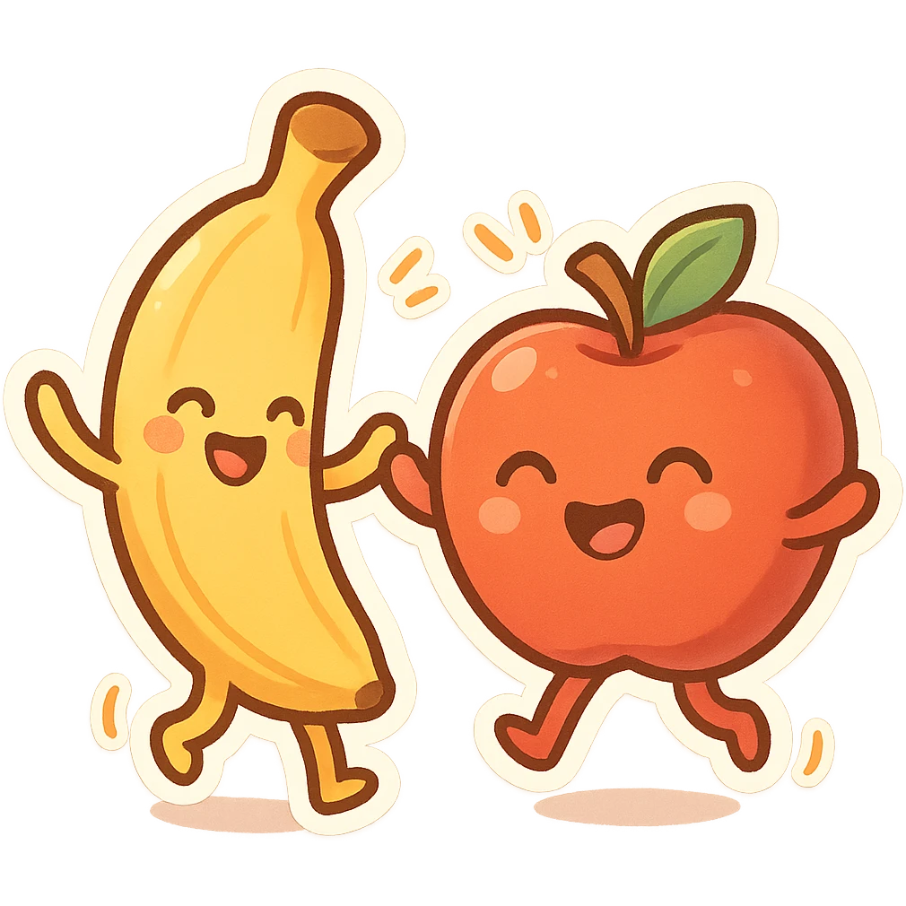 a banana and apple with smiling faces, dancing joyfully, vibrant colors, no background emoji