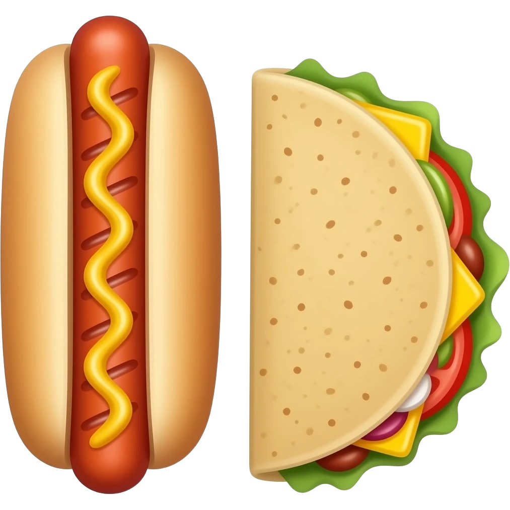 Hot dog without bun next to  a taco emoji